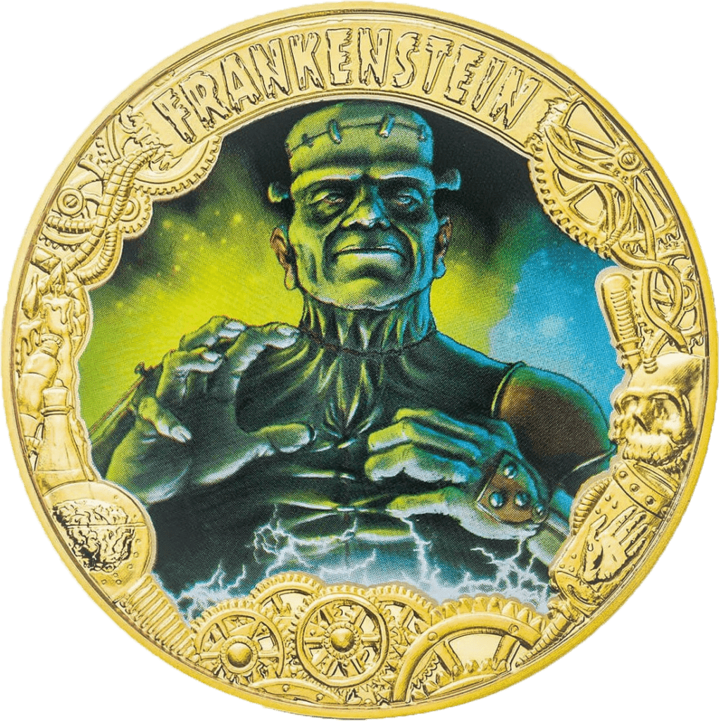 Одна из трех монет нумизматической серии в честь Франкенштейна. Токелау, 1 доллар 2018 г.