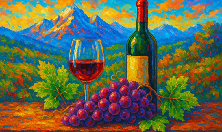 На изображении: справа — бутылка вина, слева — бокал, на переднем плане — гроздь спелого синего винограда. Вдали — живописные горы. Картинка выполнена в тёплых, солнечных тонах и передаёт атмосферу винодельческого региона.