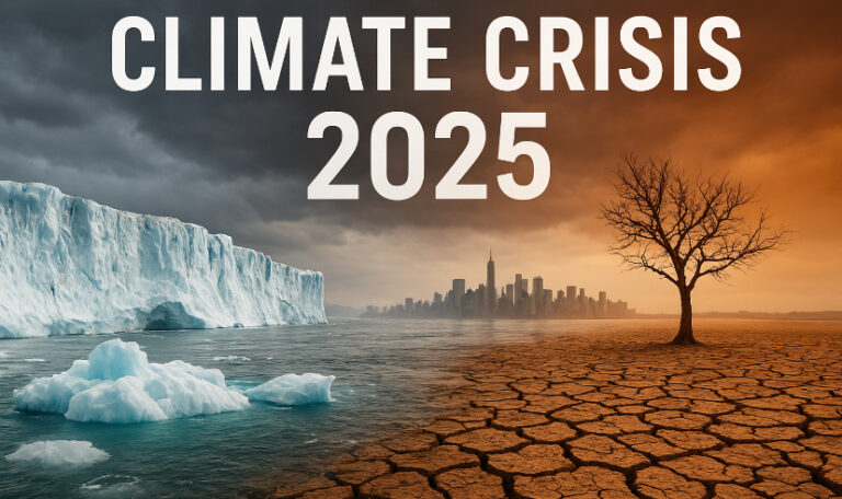 На изображении справа — сухое, безжизненное дерево на растрескавшейся земле, на горизонте — силуэт города в дымке. Слева — тающий ледник, с которого стекает вода. Картинка символизирует климатический кризис: засуху, жару и таяние льдов — два контраста, разделяющие хрупкий мир