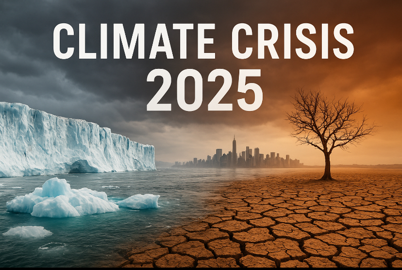 На изображении справа — сухое, безжизненное дерево на растрескавшейся земле, на горизонте — силуэт города в дымке. Слева — тающий ледник, с которого стекает вода. Картинка символизирует климатический кризис: засуху, жару и таяние льдов — два контраста, разделяющие хрупкий мир