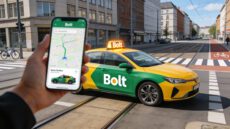 На снимке запечатлен процесс заказа поездки через смартфон. На переднем плане рука держит телефон с открытым приложением Bolt, где видна карта и маршрут. На заднем плане, на городской улице, стоит современный ярко-желтый автомобиль с зелеными вставками и крупным логотипом «Bolt», готовый к посадке пассажира.