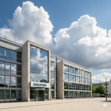 Общий вид На фотографии запечатлено современное офисное здание Jobcenter в солнечный день. Здание имеет строгую геометрическую форму, преобладают светлые тона и большое количество стеклянных поверхностей. Детали строения Фасад: Здание четырехэтажное, выполнено из светло-серых или бежевых бетонных панелей. Почти всю площадь стен занимают большие прямоугольные окна, в которых отражается ярко-голубое небо и пышные белые облака. Входная группа: На переднем плане расположен главный вход. Над вращающимися стеклянными дверями установлена большая белая прямоугольная вывеска. На ней темно-синими буквами четко написано слово «Jobcenter». Территория: Перед зданием раскинулась просторная, чистая площадь, выложенная светлой тротуарной плиткой. Справа на заднем плане видны зеленые деревья и часть другого городского строения. Атмосфера и освещение Небо: Очень выразительное, глубокого синего цвета. Прямо над зданием возвышаются два огромных, фактурных кучевых облака, напоминающих сахарную вату. Свет: Освещение яркое, дневное. Солнце находится высоко, из-за чего тени короткие, а всё изображение выглядит контрастным и четким.