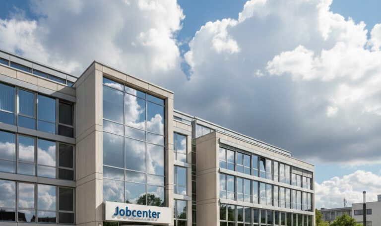 Общий вид На фотографии запечатлено современное офисное здание Jobcenter в солнечный день. Здание имеет строгую геометрическую форму, преобладают светлые тона и большое количество стеклянных поверхностей. Детали строения Фасад: Здание четырехэтажное, выполнено из светло-серых или бежевых бетонных панелей. Почти всю площадь стен занимают большие прямоугольные окна, в которых отражается ярко-голубое небо и пышные белые облака. Входная группа: На переднем плане расположен главный вход. Над вращающимися стеклянными дверями установлена большая белая прямоугольная вывеска. На ней темно-синими буквами четко написано слово «Jobcenter». Территория: Перед зданием раскинулась просторная, чистая площадь, выложенная светлой тротуарной плиткой. Справа на заднем плане видны зеленые деревья и часть другого городского строения. Атмосфера и освещение Небо: Очень выразительное, глубокого синего цвета. Прямо над зданием возвышаются два огромных, фактурных кучевых облака, напоминающих сахарную вату. Свет: Освещение яркое, дневное. Солнце находится высоко, из-за чего тени короткие, а всё изображение выглядит контрастным и четким.