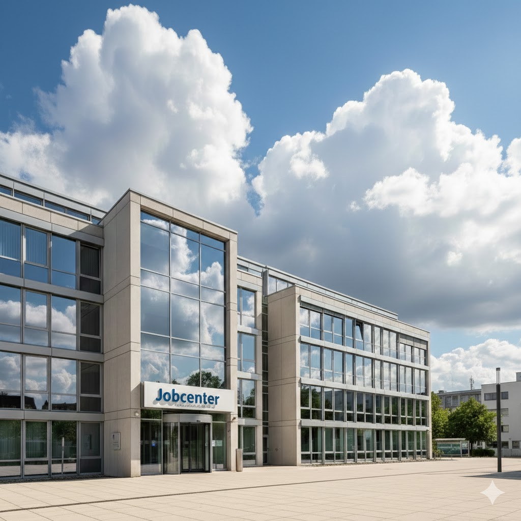Общий вид На фотографии запечатлено современное офисное здание Jobcenter в солнечный день. Здание имеет строгую геометрическую форму, преобладают светлые тона и большое количество стеклянных поверхностей. Детали строения Фасад: Здание четырехэтажное, выполнено из светло-серых или бежевых бетонных панелей. Почти всю площадь стен занимают большие прямоугольные окна, в которых отражается ярко-голубое небо и пышные белые облака. Входная группа: На переднем плане расположен главный вход. Над вращающимися стеклянными дверями установлена большая белая прямоугольная вывеска. На ней темно-синими буквами четко написано слово «Jobcenter». Территория: Перед зданием раскинулась просторная, чистая площадь, выложенная светлой тротуарной плиткой. Справа на заднем плане видны зеленые деревья и часть другого городского строения. Атмосфера и освещение Небо: Очень выразительное, глубокого синего цвета. Прямо над зданием возвышаются два огромных, фактурных кучевых облака, напоминающих сахарную вату. Свет: Освещение яркое, дневное. Солнце находится высоко, из-за чего тени короткие, а всё изображение выглядит контрастным и четким.