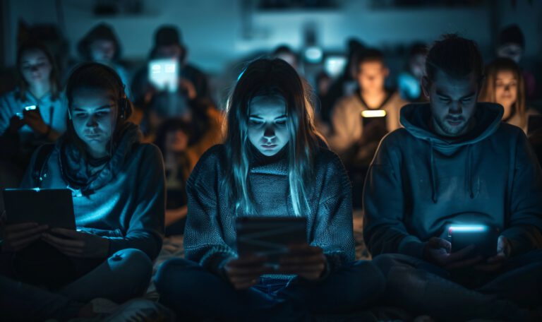 На картинке изображено много людей, и почти все сидят, уткнувшись в свои гаджеты