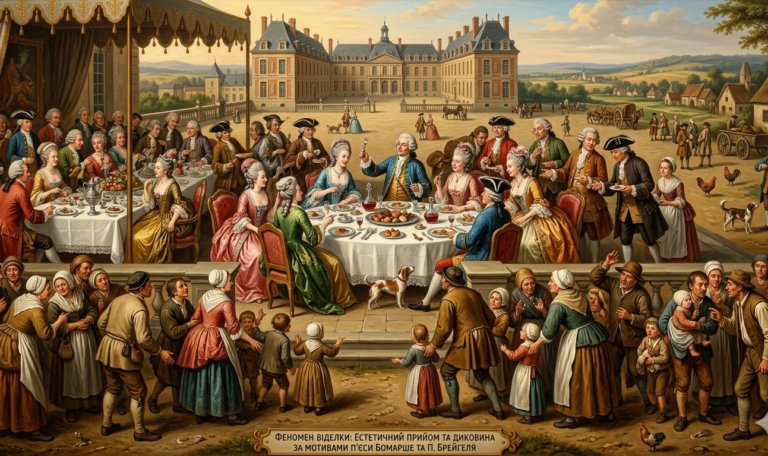 Картина у стилі Брейгеля зображує театралізовану сцену світського прийому за мотивами Бомарше, де головним акцентом є поява нової «диковини» — виделки. На піднесеній терасі аристократи в пишному вбранні XVIII століття з подивом розглядають срібний прибор у руках господаря, тоді як знизу юрба простолюдинів із цікавістю та острахом спостерігає за цим естетичним феноменом. Робота поєднує витонченість палацового етикету з характерною для фламандського живопису багатофігурністю та деталізацією побуту.Картина у стилі Брейгеля зображує театралізовану сцену світського прийому за мотивами Бомарше, де головним акцентом є поява нової «диковини» — виделки. На піднесеній терасі аристократи в пишному вбранні XVIII століття з подивом розглядають срібний прибор у руках господаря, тоді як знизу юрба простолюдинів із цікавістю та острахом спостерігає за цим естетичним феноменом. Робота поєднує витонченість палацового етикету з характерною для фламандського живопису багатофігурністю та деталізацією побуту.Картина у стилі Брейгеля зображує театралізовану сцену світського прийому за мотивами Бомарше, де головним акцентом є поява нової «диковини» — виделки. На піднесеній терасі аристократи в пишному вбранні XVIII століття з подивом розглядають срібний прибор у руках господаря, тоді як знизу юрба простолюдинів із цікавістю та острахом спостерігає за цим естетичним феноменом. Робота поєднує витонченість палацового етикету з характерною для фламандського живопису багатофігурністю та деталізацією побуту.