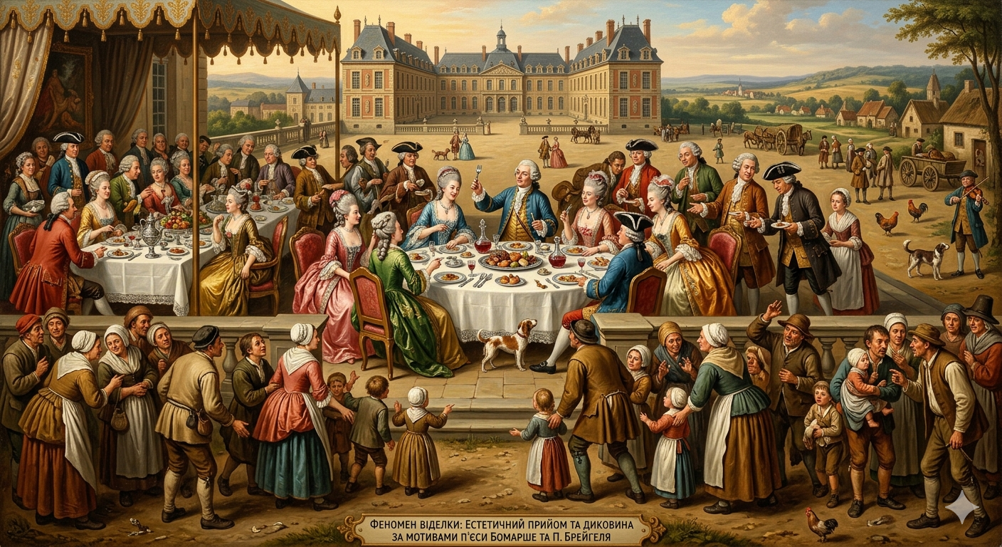 Картина у стилі Брейгеля зображує театралізовану сцену світського прийому за мотивами Бомарше, де головним акцентом є поява нової «диковини» — виделки. На піднесеній терасі аристократи в пишному вбранні XVIII століття з подивом розглядають срібний прибор у руках господаря, тоді як знизу юрба простолюдинів із цікавістю та острахом спостерігає за цим естетичним феноменом. Робота поєднує витонченість палацового етикету з характерною для фламандського живопису багатофігурністю та деталізацією побуту.Картина у стилі Брейгеля зображує театралізовану сцену світського прийому за мотивами Бомарше, де головним акцентом є поява нової «диковини» — виделки. На піднесеній терасі аристократи в пишному вбранні XVIII століття з подивом розглядають срібний прибор у руках господаря, тоді як знизу юрба простолюдинів із цікавістю та острахом спостерігає за цим естетичним феноменом. Робота поєднує витонченість палацового етикету з характерною для фламандського живопису багатофігурністю та деталізацією побуту.Картина у стилі Брейгеля зображує театралізовану сцену світського прийому за мотивами Бомарше, де головним акцентом є поява нової «диковини» — виделки. На піднесеній терасі аристократи в пишному вбранні XVIII століття з подивом розглядають срібний прибор у руках господаря, тоді як знизу юрба простолюдинів із цікавістю та острахом спостерігає за цим естетичним феноменом. Робота поєднує витонченість палацового етикету з характерною для фламандського живопису багатофігурністю та деталізацією побуту.
