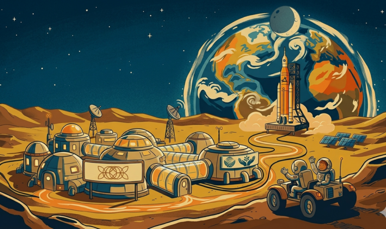 Запуск миссии Артемида на Луну — ракета SLS на старте среди огня