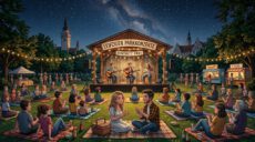 Kostenlose Konzerte in Leipzig — Ein verliebtes Paar sitzt auf einer Decke im Clara-Zetkin-Park und hört Live-Musik auf einer Bühne unter dem Sternenhimmel vor der Kulisse des Neuen Rathauses