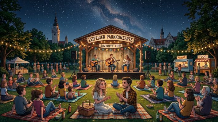Kostenlose Konzerte in Leipzig — Ein verliebtes Paar sitzt auf einer Decke im Clara-Zetkin-Park und hört Live-Musik auf einer Bühne unter dem Sternenhimmel vor der Kulisse des Neuen Rathauses