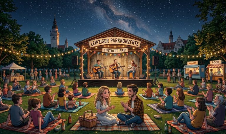 Kostenlose Konzerte in Leipzig — Ein verliebtes Paar sitzt auf einer Decke im Clara-Zetkin-Park und hört Live-Musik auf einer Bühne unter dem Sternenhimmel vor der Kulisse des Neuen Rathauses