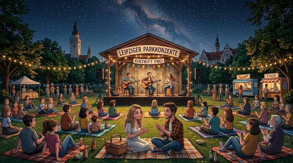 Kostenlose Konzerte in Leipzig — Ein verliebtes Paar sitzt auf einer Decke im Clara-Zetkin-Park und hört Live-Musik auf einer Bühne unter dem Sternenhimmel vor der Kulisse des Neuen Rathauses