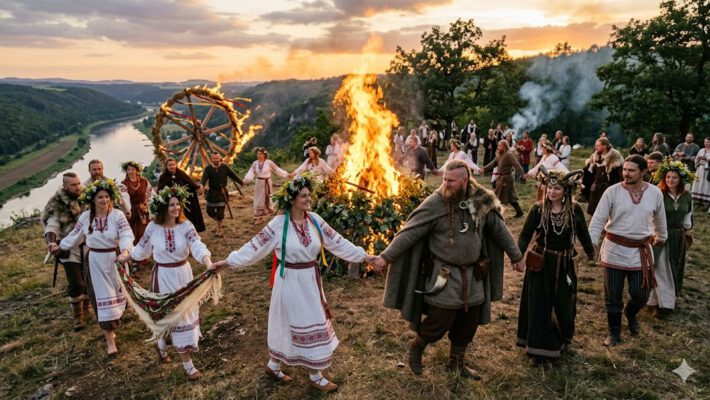 Traditionen der Sommersonnenwende Sonnenwende und Kupala — gemeinsamer Reigen slawischer und germanischer Heiden um ein großes Feuer