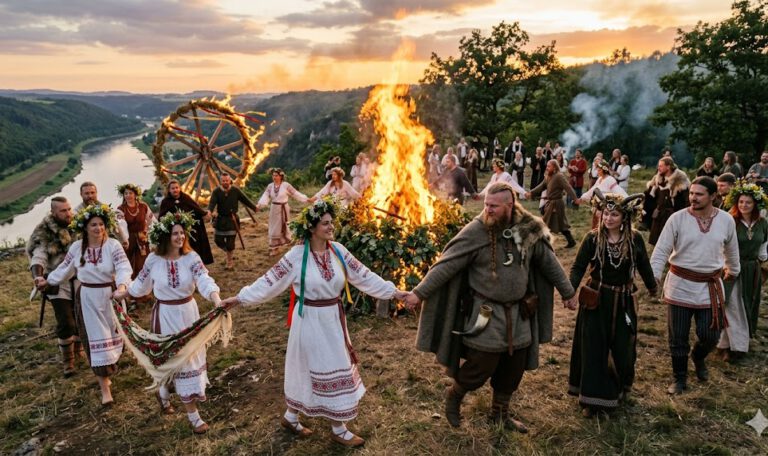 Traditionen der Sommersonnenwende Sonnenwende und Kupala — gemeinsamer Reigen slawischer und germanischer Heiden um ein großes Feuer