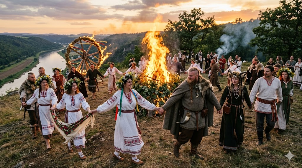 Traditionen der Sommersonnenwende Sonnenwende und Kupala — gemeinsamer Reigen slawischer und germanischer Heiden um ein großes Feuer Traditionen der Sommersonnenwende Sonnenwende und Kupala — gemeinsamer Reigen slawischer und germanischer Heiden um ein großes Feuer