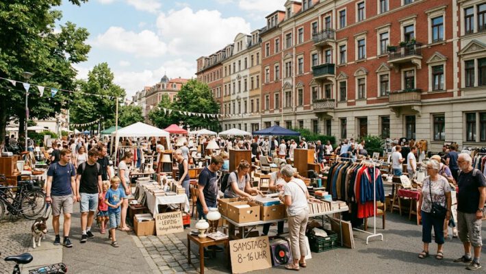Flohmärkte in Leipzig — Menschen wählen Schallplatten und Retro-Sachen auf einem Sommer-Vintagemarkt vor Wohngebäuden in Leipzig aus