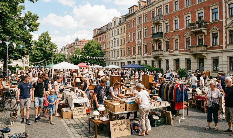 Flohmärkte in Leipzig — Menschen wählen Schallplatten und Retro-Sachen auf einem Sommer-Vintagemarkt vor Wohngebäuden in Leipzig aus