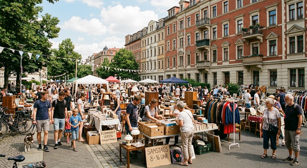 Flohmärkte in Leipzig — Menschen wählen Schallplatten und Retro-Sachen auf einem Sommer-Vintagemarkt vor Wohngebäuden in Leipzig aus Flohmärkte in Leipzig — Menschen wählen Schallplatten und Retro-Sachen auf einem Sommer-Vintagemarkt vor Wohngebäuden in Leipzig aus
