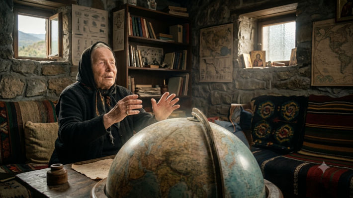 Die blinde Seherin Baba Wanga mit dunklem Kopftuch an einem Holztisch über einem leuchtenden Globus in einem atmosphärischen Steinraum mit Ikonen und alten Büchern. Vorhersagen von Baba Wanga.