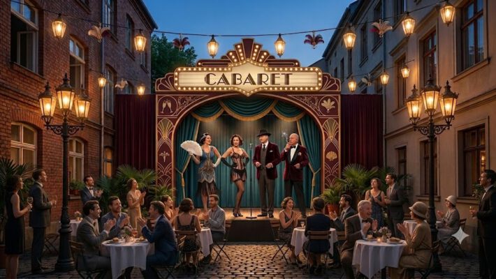 Sommerkabarett in Leipzig — Die Schauspieler des Theaters Die Academixer treten auf einer Open-Air-Bühne im Innenhof des Paulaner Palais vor Publikum auf