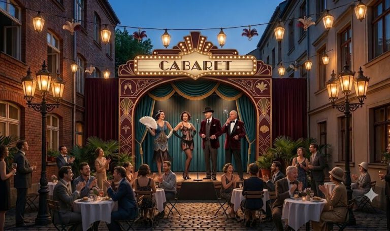 Sommerkabarett in Leipzig — Die Schauspieler des Theaters Die Academixer treten auf einer Open-Air-Bühne im Innenhof des Paulaner Palais vor Publikum auf