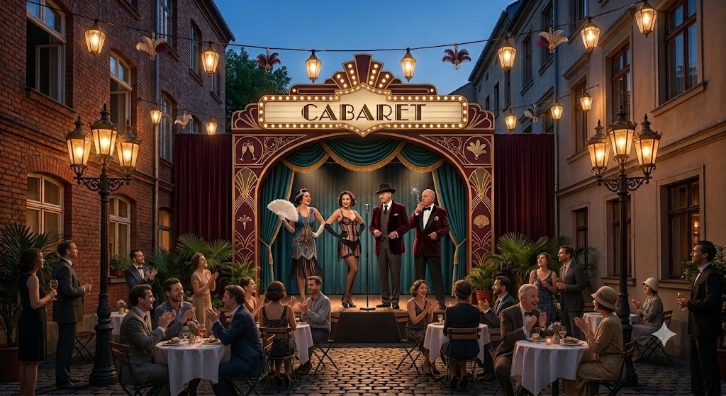 Sommerkabarett in Leipzig — Die Schauspieler des Theaters Die Academixer treten auf einer Open-Air-Bühne im Innenhof des Paulaner Palais vor Publikum auf