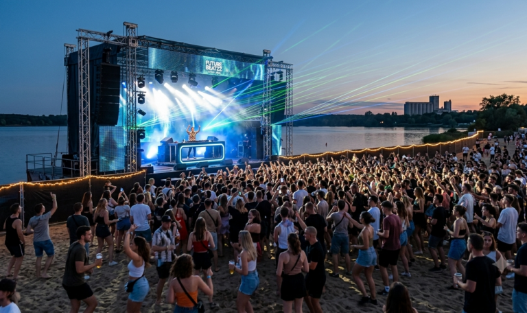 Festival Future Beatzz 2026 in Leipzig — Ein DJ legt auf der Bühne vor dem Cospudener See auf, Laserstrahlen über dem Wasser und tanzende Menschen am Strand
