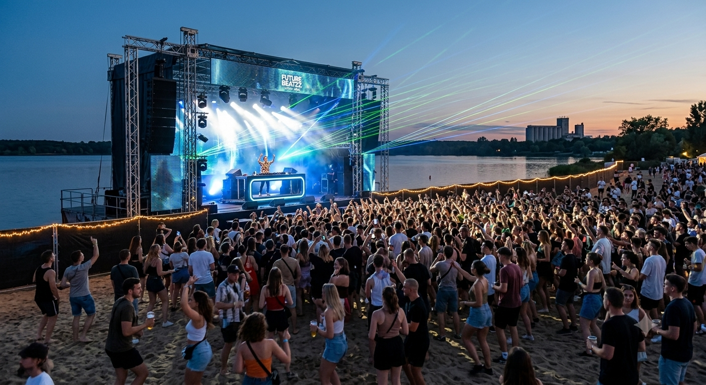 Festival Future Beatzz 2026 in Leipzig — Ein DJ legt auf der Bühne vor dem Cospudener See auf, Laserstrahlen über dem Wasser und tanzende Menschen am Strand Festival Future Beatzz 2026 in Leipzig — Ein DJ legt auf der Bühne vor dem Cospudener See auf, Laserstrahlen über dem Wasser und tanzende Menschen am Strand