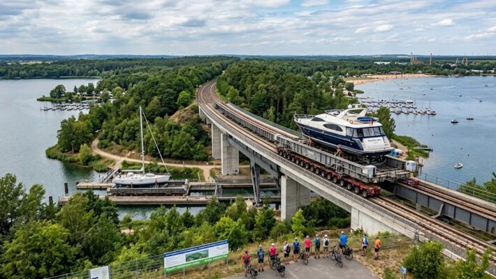 Projekt Schiffseisenbahn am Cospudener See — Ein Schiff auf einer Schienenplattform transportiert Boote über Land zwischen Cospudener und Zwenkauer See