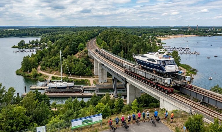 Projekt Schiffseisenbahn am Cospudener See — Ein Schiff auf einer Schienenplattform transportiert Boote über Land zwischen Cospudener und Zwenkauer See