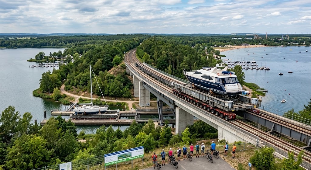 Projekt Schiffseisenbahn am Cospudener See — Ein Schiff auf einer Schienenplattform transportiert Boote über Land zwischen Cospudener und Zwenkauer See Projekt Schiffseisenbahn am Cospudener See — Ein Schiff auf einer Schienenplattform transportiert Boote über Land zwischen Cospudener und Zwenkauer See