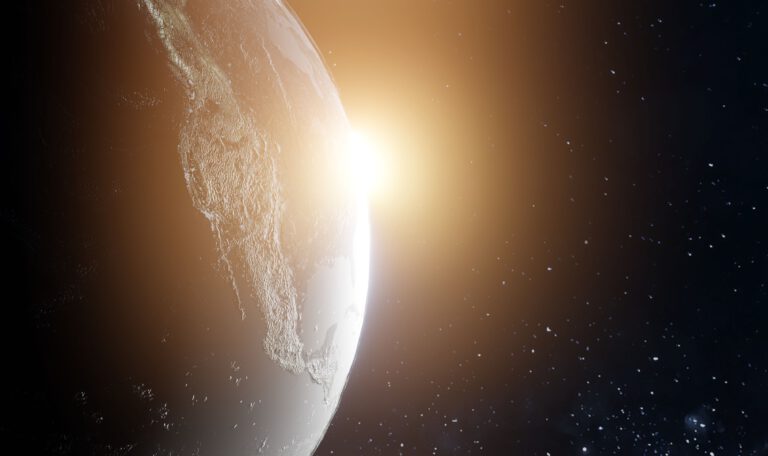 Космические миссии НАСА. Планета Земля из космоса на фоне восходящего солнца и звездного неба.