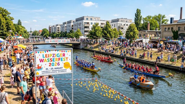 Leipziger Wasserfest 2026 на тлі перегонів на човнах-драконах каналом у Лейпцигу, Німеччина.