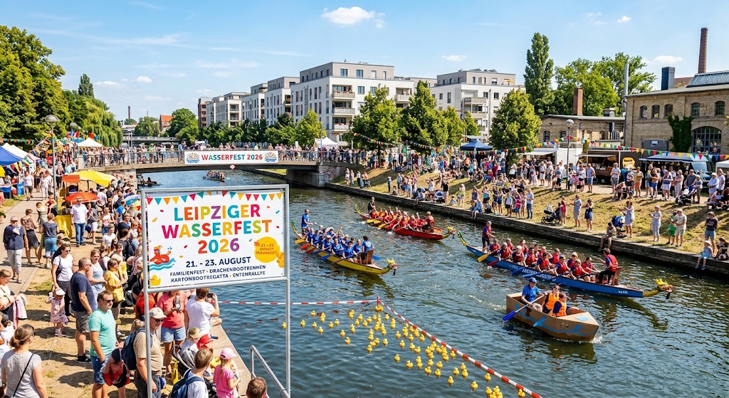 Leipziger Wasserfest 2026 на тлі перегонів на човнах-драконах каналом у Лейпцигу, Німеччина. Leipziger Wasserfest 2026 на тлі перегонів на човнах-драконах каналом у Лейпцигу, Німеччина.