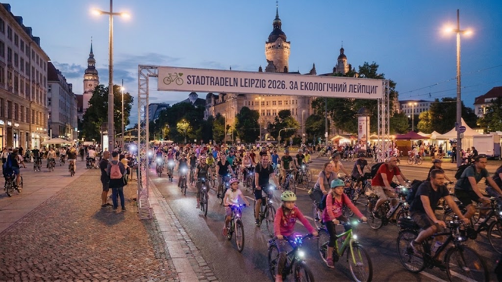 Велопарад Leipziger Radnacht та старт акції Stadtradeln Leipzig 2026 на тлі Нової ратуші.