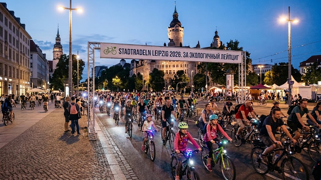 Велопарад Leipziger Radnacht и старт акции Stadtradeln Leipzig 2026 на фоне Новой ратуши.