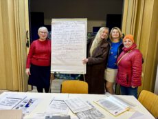 Преподаватель немецкого языка в красной кофте и очках стоит рядом с флипчартом, на котором вручную написан учебный текст о погоде и цитата Тонино Гуэрра на немецком языке. Рядом с ней улыбаются три участницы занятия, а на переднем плане перед ними разложены учебные материалы. Курс немецкого языка в Лейпциге. Преподаватель немецкого языка в красной кофте и очках стоит рядом с флипчартом, на котором вручную написан учебный текст о погоде и цитата Тонино Гуэрра на немецком языке. Рядом с ней улыбаются три участницы занятия, а на переднем плане перед ними разложены учебные материалы. Курс немецкого языка в Лейпциге.