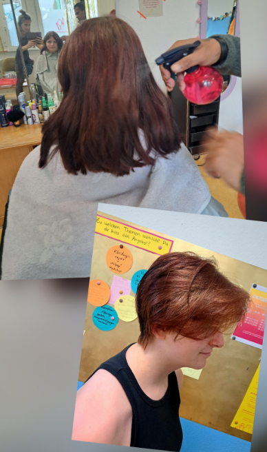 Xenia mit ihren gut schulterlangen Haaren vor ihrem Haarschnitt und das Endergebnis.
